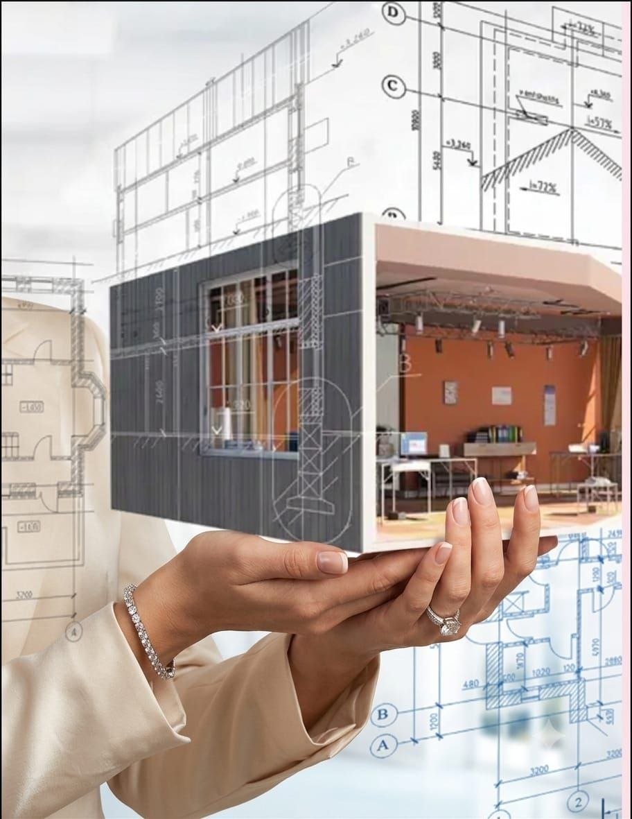 Architectural blueprint and interior concept model for service planning